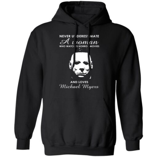 Never underestimate a woman who watches horror movies and loves Michael Myers shirt $19.95