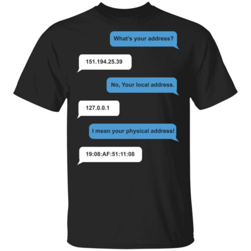 What's your address funny ip address MAC address shirt $19.95
