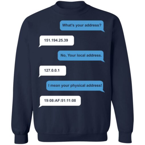 What's your address funny ip address MAC address shirt $19.95