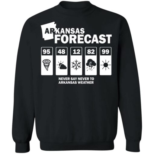 Arkansas forecast never say never to Arkansas weather shirt $19.95 redirect05142021220538 8
