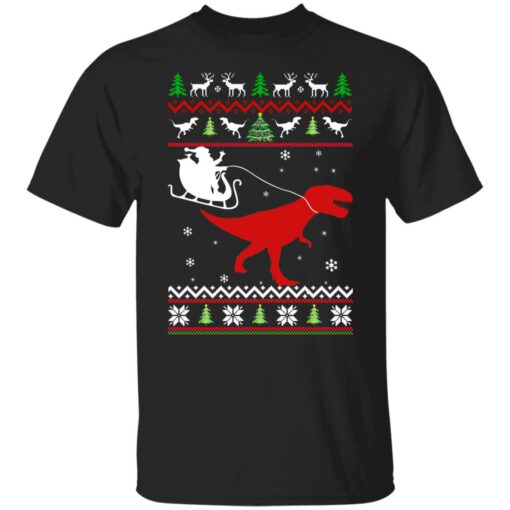 Santa Claus rides in a sleigh on the dinosaur Christmas sweater $19.95