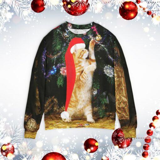 Cat play with Christmas tree sweater $39.95 Cat play with christmas tree sweater mockup min