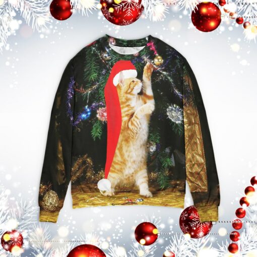 Cat play with Christmas tree sweater $39.95