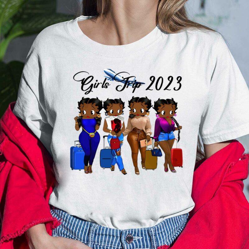 The design of the shirt is simple yet eye-catching, with the image of Betty Boop taking center stage. The text "Girls Trip 2023" is prominently displayed underneath the image, making it clear that this is a shirt meant for a group of friends who are embarking on an exciting adventure together. Black Betty Boop Girls Trip 2023 Ladies Shirt