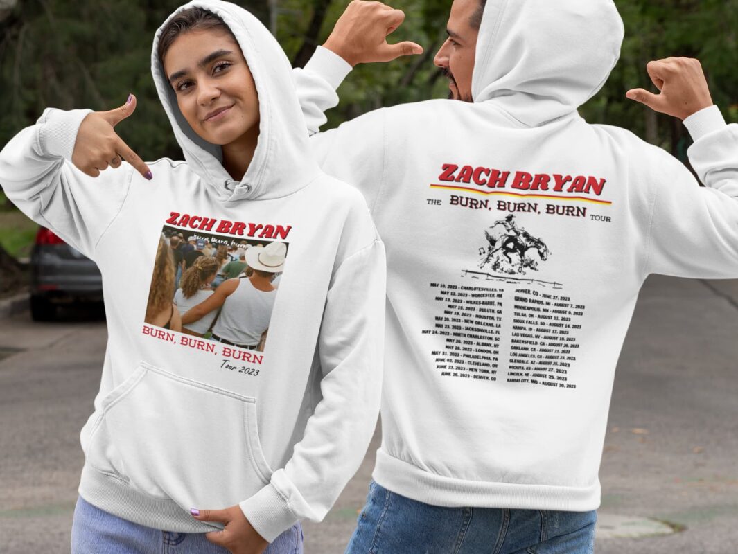 Zach Bryan The Burn Burn Burn Tour 2023 Shirt $19.95 both sides view mockup of a couple pointing at their pullover hoodies 29788