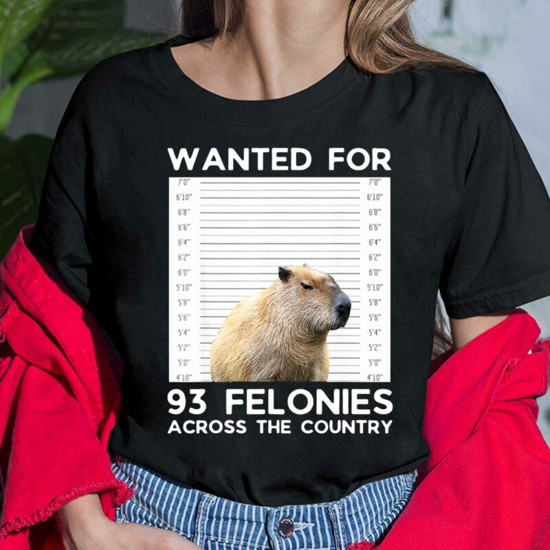 Introducing the "Capybara Wanted For 93 Felonies Across The Country" shirt, the ultimate statement piece for anyone who loves animals and has a sense of humor. This unique shirt features a bold graphic of a capybara, a lovable and friendly rodent, accompanied by the text "Wanted For 93 Felonies Across The Country".Whether you're a fan of capybaras or just appreciate a good pun, this shirt is sure to turn heads and start conversations. It's made from high-quality materials that are both soft and durable, so you can wear it comfortably all day long. Capybara Wanted For 93 Felonies Across The Country Ladies Shirt