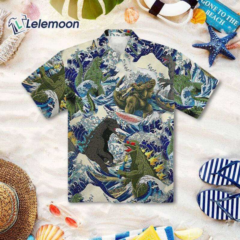 Godzilla Surfing Funny Hawaiian Shirt Godzilla Surfing Funny Hawaiian Shirt