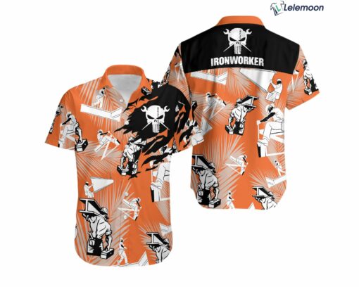 Ironworker Skull Orange Hawaiian Shirt $34.95