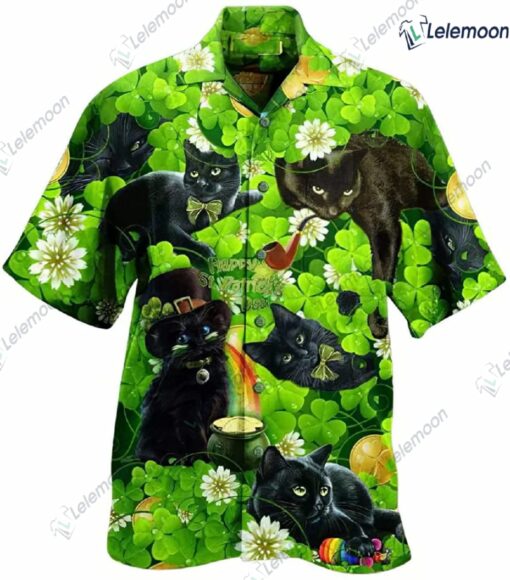 Irish Black Cat Patricks Day Pattern Green Hawaiian Shirt