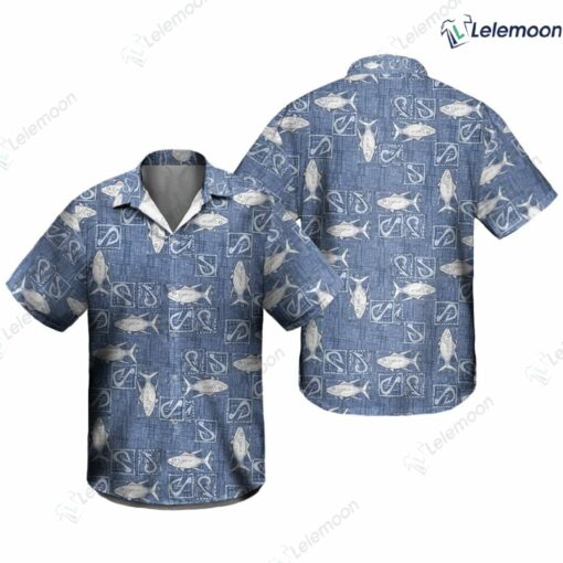 90s Blue And White Fishing Hawaiian Shirt $36.95