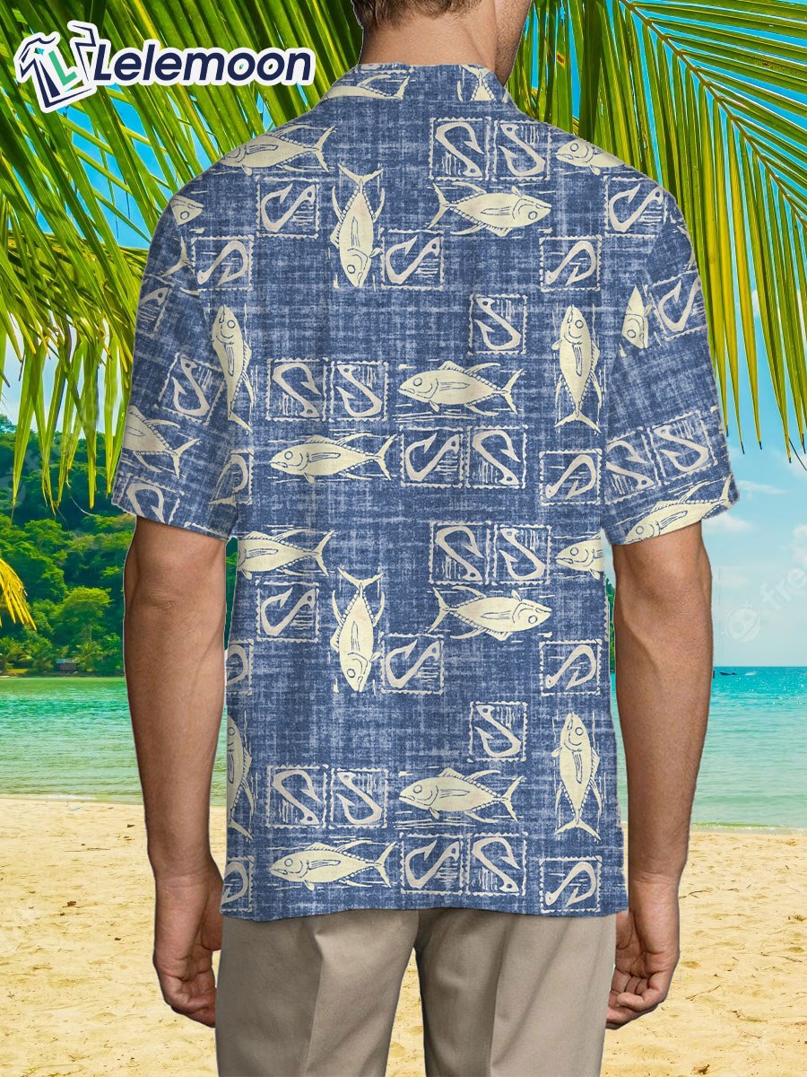 Vintage 90s Blue And White Fishing Hawaiian Shirt - Lelemoon