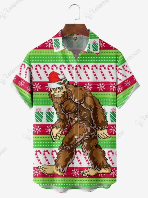 Christmas Big Foot Chest Pocket Short Sleeve Casual Shirt
