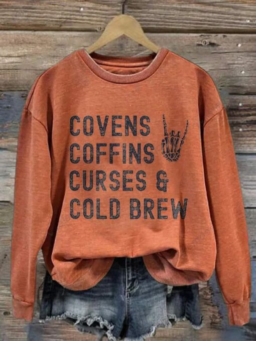 Vintage Halloween Covens Coffins Curses and Cold Brew Sweatshirt $30.95