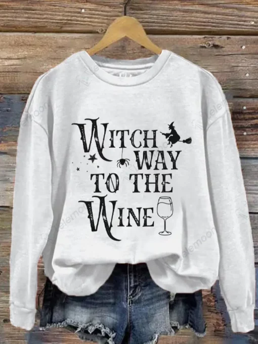 Witch Way To The Wine Print Halloween Sweatshirt 1