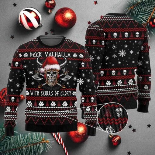 Deck Valhalla With Skulls Of Glory Viking Skull Christmas Ugly Sweater $41.95