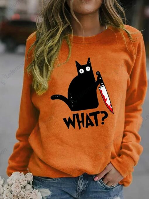 Halloween Black Cat Print Casual Sweatshirt