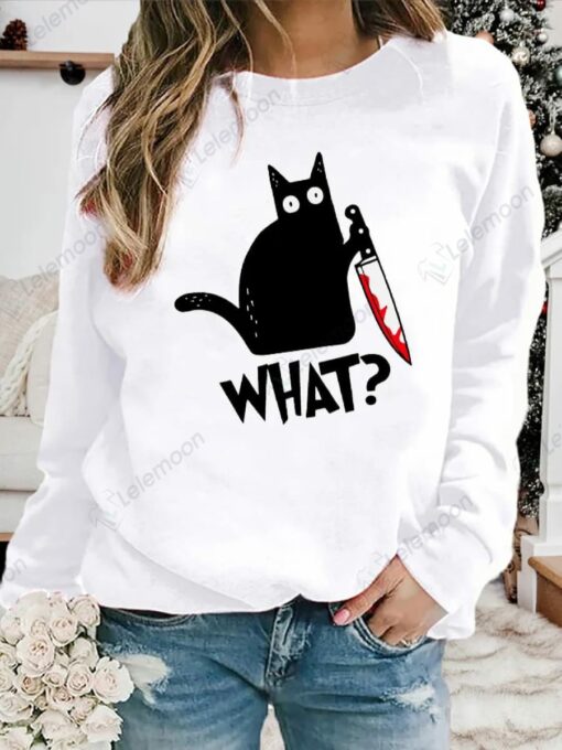 Halloween Black Cat Print Casual Sweatshirt