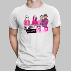 Mean Girls On Wednesday We Wear Pink Halloween Freddy Jason Mike Scream Shirt