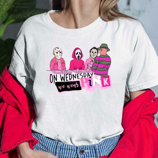 Mean Girls On Wednesday We Wear Pink Halloween Freddy Jason Mike Scream Shirt $19.95