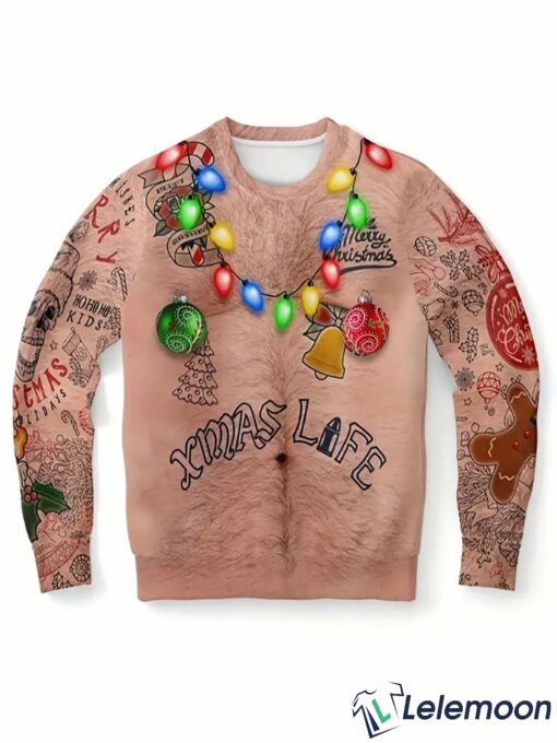 3D Fake Belly Design Humorous Pullover Xmas Party Long Sleeve Shirts Cool Holiday Festival Sweater for Men and Women $41.95