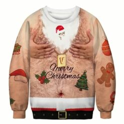 3D Fake Belly Design Humorous Pullover Xmas Party Long Sleeve Shirts Cool Holiday Festival Sweater for Men and Women $41.95