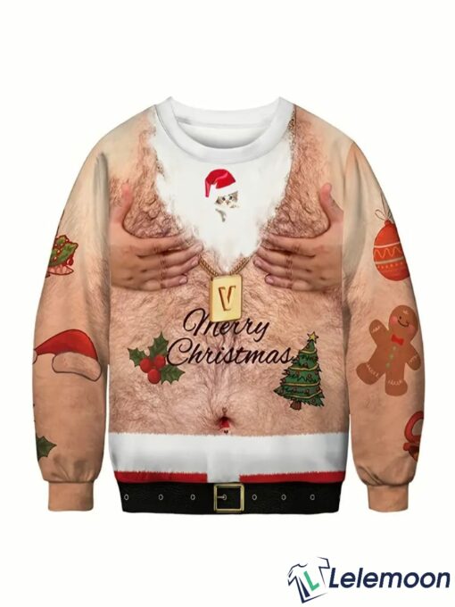 3D Fake Belly Design Humorous Pullover Xmas Party Long Sleeve Shirts Cool Holiday Festival Sweater for Men and Women $41.95