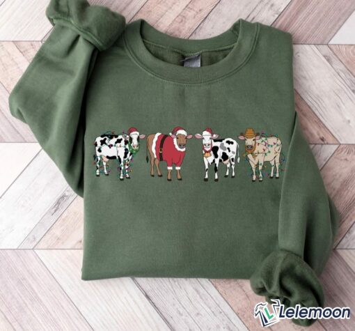Christmas Cow Light Sweatshirt, Cow Lover Gift Holiday Sweater $30.95