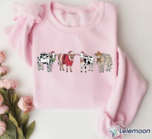 Christmas Cow Light Sweatshirt, Cow Lover Gift Holiday Sweater $30.95