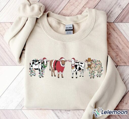 Christmas Cow Light Sweatshirt, Cow Lover Gift Holiday Sweater $30.95