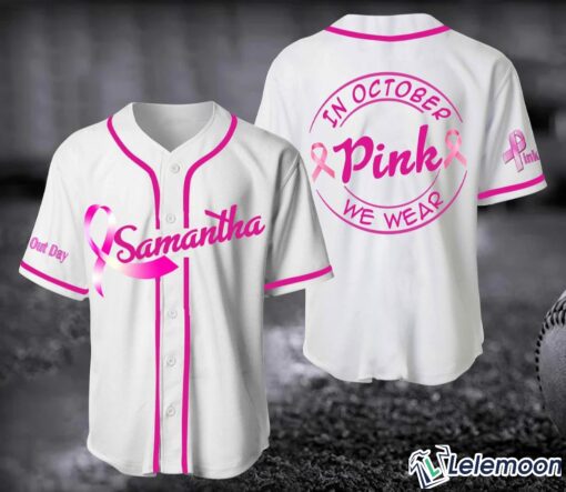 Custom Name Breast Cancer In October We Wear Pink Baseball Jersey $36.95