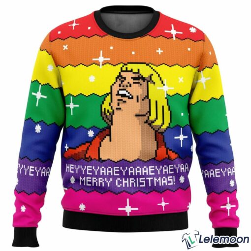 Funny He Man LGBT Rainbow Christmas Sweater Blond Man $41.95