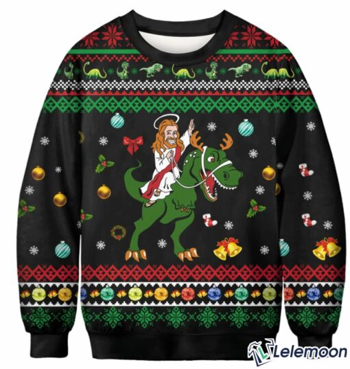 Jesus Ridding T-Rex Christmas Sweater $41.95