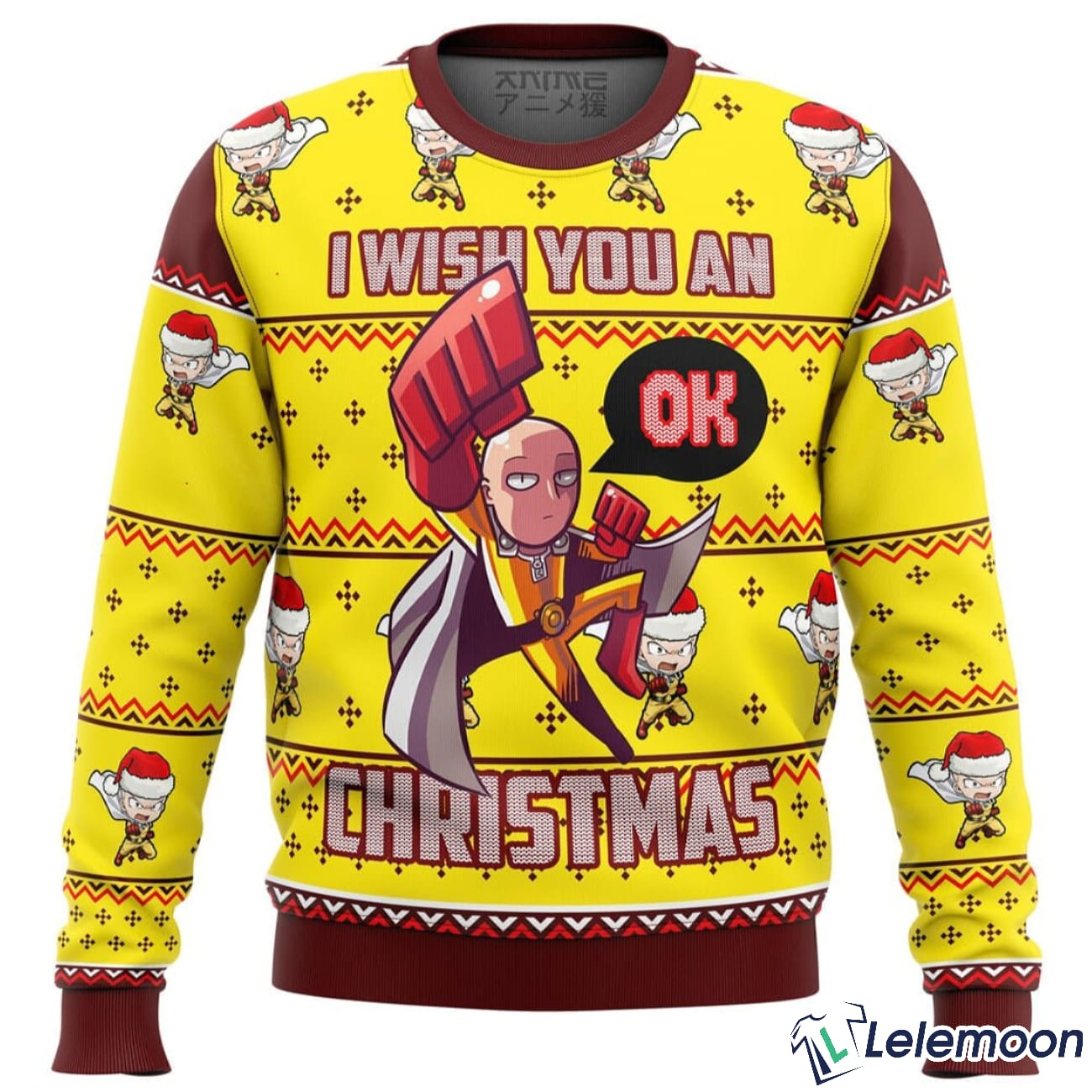 One Punch Saitama I Wiss You An Ok Christmas Sweater Lelemoon