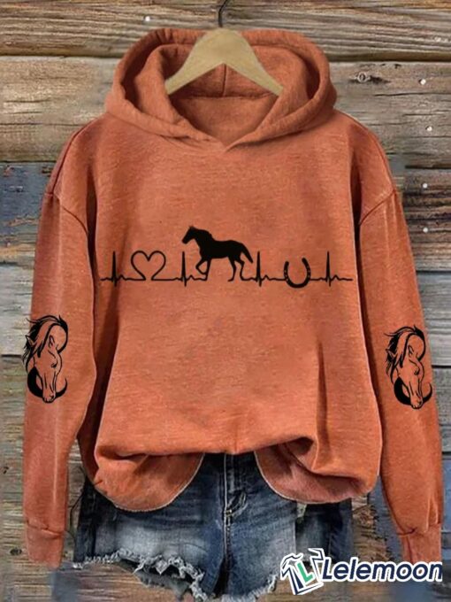 Women's Horse Heartbeat Horse Lover Printed Hoodie $45.95