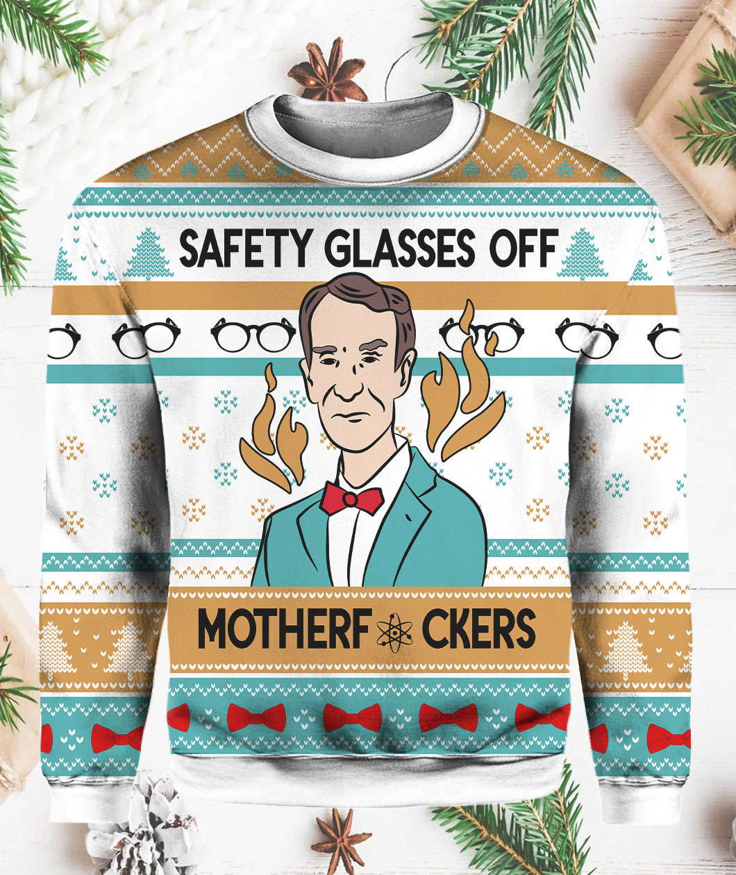 Bill Nye Safety Glasses Off Motherfckers Ugly Christmas Sweater Lelemoon