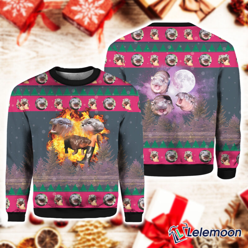 Moo Deng Bouncy Pig Ugly Christmas Sweater Lelemoon