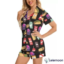 Black Short Taco Print Pajama Set For Women