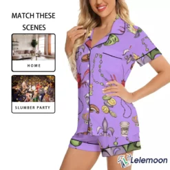 Purple Mardi Gras Beads King Cake Crawfish Short Pajama Set
