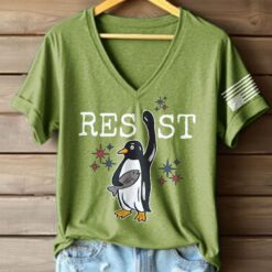 Retro Penguins Resist Penguins Against Tariffs Print T-Shirt $30.95